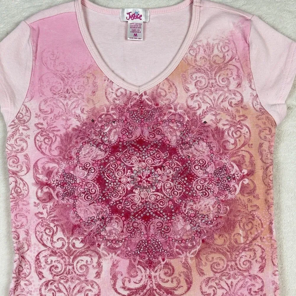 Vintage Y2K Justice Shirt Girls M Pink Boho Medallion VNeck Twee Coquette Fairy